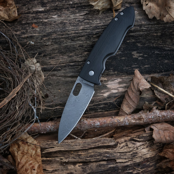 Tom Mayo Damascus wharncliffe custom titanium framelock folding knife